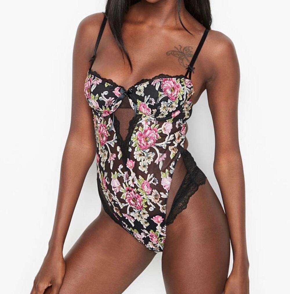 Victoria's Secret Wicked Unlined Lace Teddy in Black, Green and Pink. Size XS